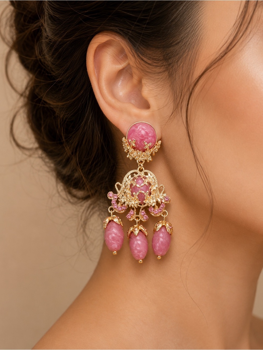 ✨ Vintage Pink Statement Chandelier Earrings |  Floral Filigree Drop Earrings